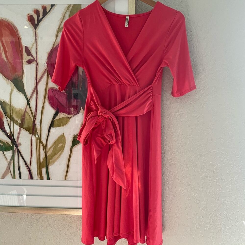 Mother Bee Maternity Coral Wrap Dress Adjustable Belted Summer Casual